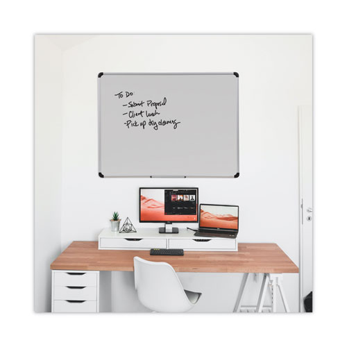 Picture of Deluxe Porcelain Magnetic Dry Erase Board, 48" x 36", White Surface, Silver/Black Aluminum Frame