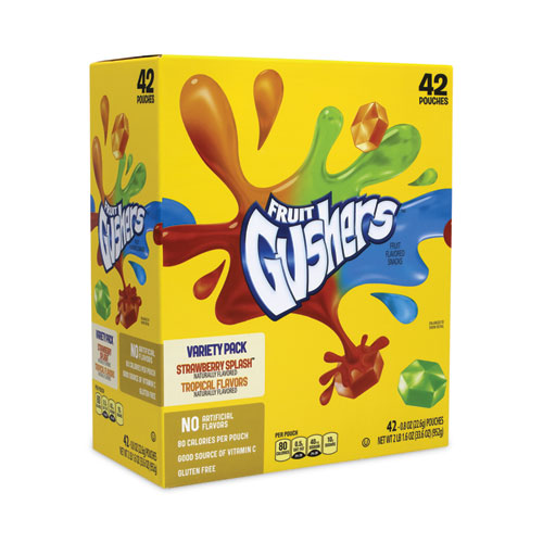 Picture of Fruit Gushers Fruit Snacks, Strawberry and Tropical Fruit Flavors, 0.8 oz, 42 Pouches/Carton