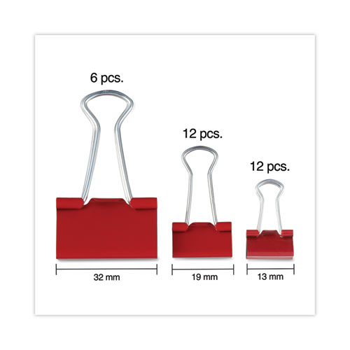 Picture of Binder Clips with Storage Tub, (12) Mini (0.5"), (12) Small (0.75"), (6) Medium (1.25"), Assorted Colors