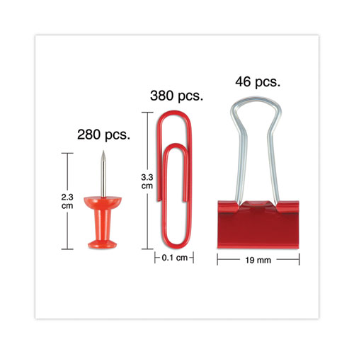 Picture of Combo Clip Pack with 3-Tier Organizer Tub, (380) Small Paper Clips, (280) Push Pins, (46) Small Binder Clips, Assorted Colors
