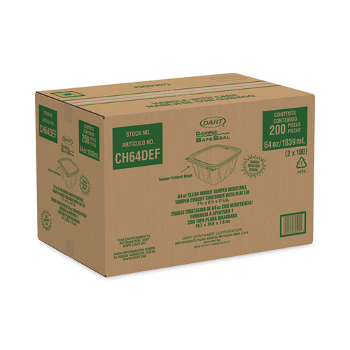 Picture of ClearPac SafeSeal Tamper-Resistant/Evident Containers, Flat Lid, 64 oz, 8.1 x 7.8 x 3.3, Clear, Plastic, 100/Bag, 2 Bags/CT