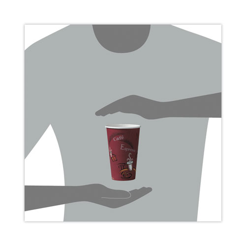 Picture of Paper Hot Drink Cups in Bistro Design, 16 oz, Maroon, 300/Carton