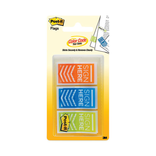 Picture of Arrow Message 1" Page Flags, "Sign Here", Blue/Lime/Orange, 20 Flags/Dispenser, 3 Dispensers/Pack