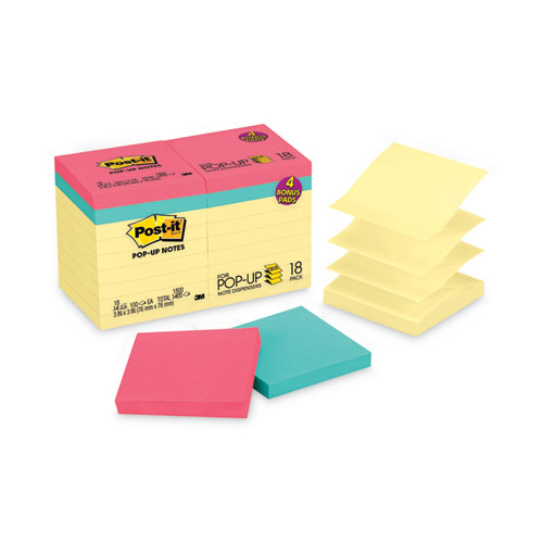 Picture of Original Pop-up Notes Value Pack, 3 x 3, (14) Canary Yellow, (4) Poptimistic Collection Colors, 100 Sheets/Pad, 18 Pads/Pack