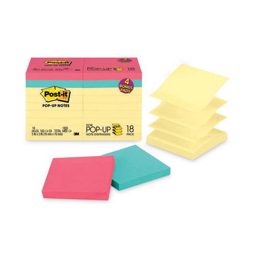 Picture of Original Pop-up Notes Value Pack, 3 x 3, (14) Canary Yellow, (4) Poptimistic Collection Colors, 100 Sheets/Pad, 18 Pads/Pack
