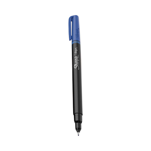Picture of Water-Resistant Ink Porous Point Pen, Stick, Fine 0.4 mm, Blue Ink, Black/Blue Barrel, Dozen