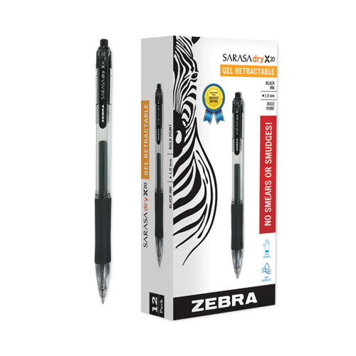 Picture of Sarasa Dry Gel X20 Gel Pen, Retractable, Bold 1 mm, Black Ink, Clear/Black Barrel, 12/Pack