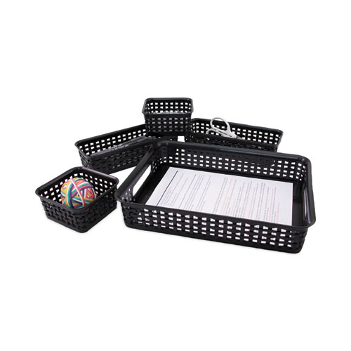 Picture of Plastic Weave Bin, Desk Organization Set, 13.8" x 10.1" x 4.68", Black, 5/Pack