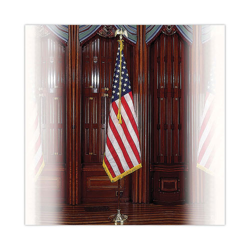 Picture of Deluxe U.S. Flag and Staff Set, 60" x 36" Flag, 8 ft Oak Staff, 2" Gold Fringe, 7" Goldtone Eagle, Heavyweight Nylon