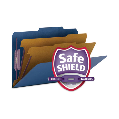 Picture of Six-Section Pressboard Top Tab Classification Folders, Six SafeSHIELD Fasteners, 2 Dividers, Legal Size, Dark Blue, 10/Box