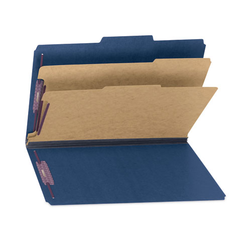 Picture of Six-Section Pressboard Top Tab Classification Folders, Six SafeSHIELD Fasteners, 2 Dividers, Legal Size, Dark Blue, 10/Box