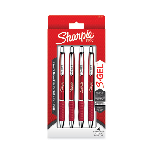 Picture of S-Gel Premium Metal Barrel Gel Pen, Retractable, Medium 0.7 mm, Black Ink, Red Barrel, 4/Pack