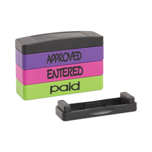 Picture of Interlocking Stack Stamp, APPROVED, ENTERED, PAID, 1.81" x 0.63", Assorted Fluorescent Ink