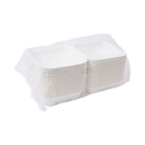 Picture of Molded Fiber Hinged Clamshell Containers, 6 x 6 x 3, White, Sugarcane, 50/Pack, 10 Packs/Carton