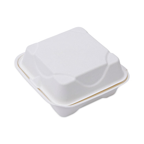 Picture of Molded Fiber Hinged Clamshell Containers, 6 x 6 x 3, White, Sugarcane, 50/Pack, 10 Packs/Carton