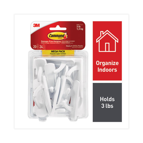 Picture of General Purpose Hooks, Medium, Plastic, White, 3 lb Capacity, 20 Hooks and 24 Strips/Pack