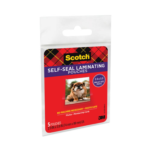 Picture of Self-Sealing Laminating Pouches, 9.5 mil, 2.81" x 3.75", Gloss Clear, 5/Pack