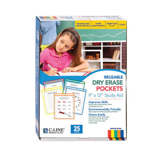 Picture of Reusable Dry Erase Pockets, 9 x 12, Assorted Primary Colors, 25/Box