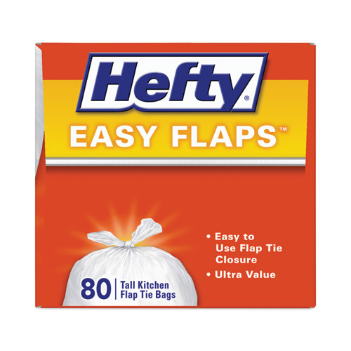 Picture of Easy Flaps Trash Bags, Tie-Flap, 13 gal, 23.75" x 28", White, 80 Bags/Box, 3 Boxes/Carton