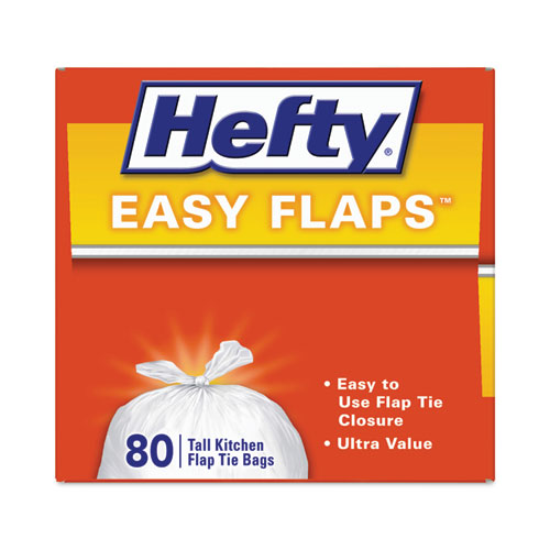 Picture of Easy Flaps Trash Bags, Tie-Flap, 13 gal, 23.75" x 28", White, 80 Bags/Box, 3 Boxes/Carton