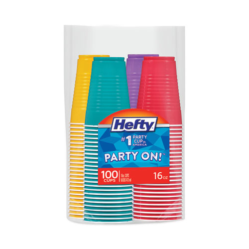 Picture of Easy Grip Disposable Plastic Party Cups, 16 oz, Assorted Colors, 100/Pack, 4 Packs/Carton