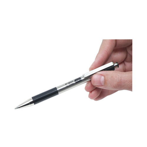 Picture of F-301 Ballpoint Pen, Retractable, Bold 1.6 mm, Black Ink, Stainless Steel/Black Barrel, 12/Pack