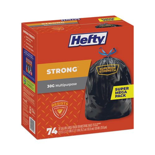 Picture of Strong Multipurpose Drawstring Trash Bags, 30 gal, 1.1 mil, 30" x 33", Black, 74/Box