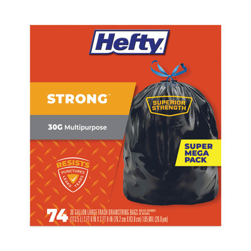 Picture of Strong Multipurpose Drawstring Trash Bags, 30 gal, 1.1 mil, 30" x 33", Black, 74 Bags/Box, 3 Boxes/Carton