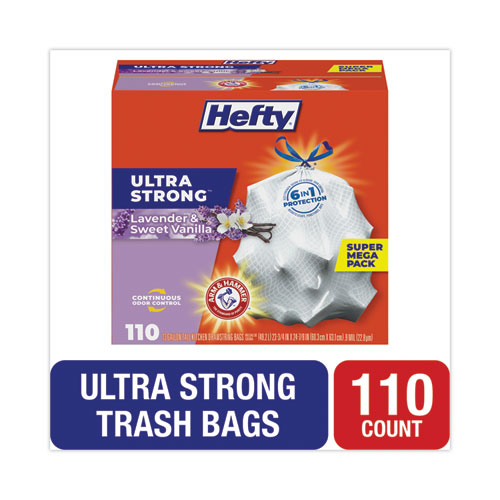 Picture of Extra Heavy-Duty Ultra Strong Scented Tall Kitchen Bags, Drawstring, 13 gal, Lavender/Vanilla, 23.75 x 24.88, White, 110/Box