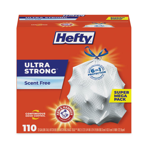 Picture of Ultra Strong Tall Kitchen Trash Bags, Drawstring, 13 gal, 23.75" x 24.88", White, 110 Bags/Box, 3 Boxes/Carton