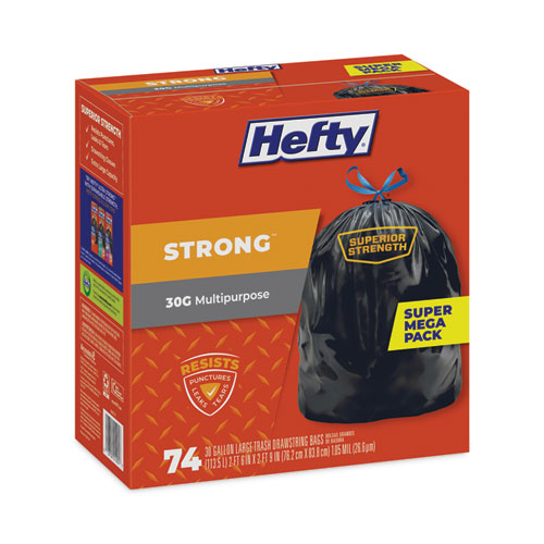 Picture of Strong Multipurpose Drawstring Trash Bags, 30 gal, 1.1 mil, 30" x 33", Black, 74 Bags/Box, 3 Boxes/Carton