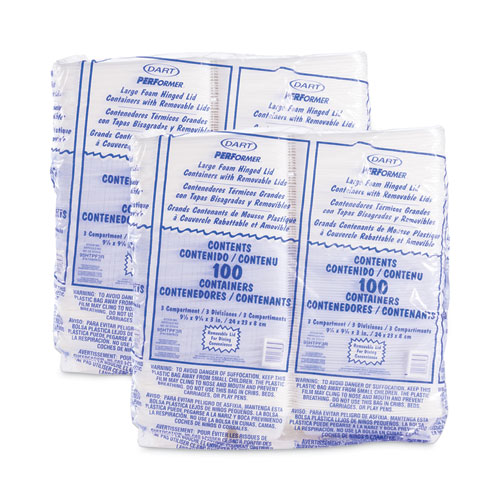 Picture of Foam Hinged Lid Container, 3-Compartment, 9.3 x 9.5 x 3, White, 100/Bag, 2 Bag/Carton