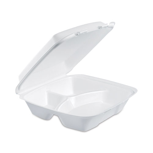 Picture of Foam Hinged Lid Container, 3-Compartment, 8 oz, 9 x 9.4 x 3, White, 200/Carton