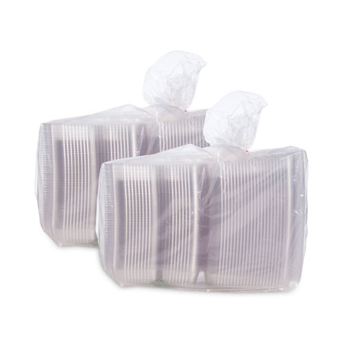 Picture of StayLock Clear Hinged Lid Containers, 3-Compartment, 8.6 x 9 x 3, Clear, Plastic, 100/Packs, 2 Packs/Carton