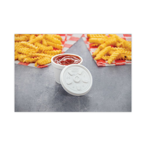 Picture of Plastic Lids for Foam Containers, Vented, Fits 3.5-6 oz, White, 100/Pack, 10 Packs/Carton