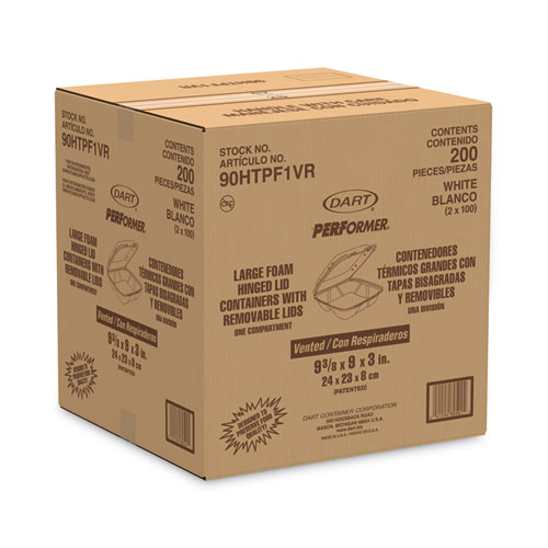 Picture of Foam Hinged Lid Container, Vented Lid, 9 x 9.4 x 3, White, 100/Pack, 2 Packs/Carton