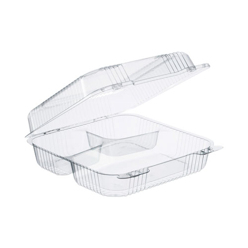 Picture of StayLock Clear Hinged Lid Containers, 3-Compartment, 8.6 x 9 x 3, Clear, Plastic, 100/Packs, 2 Packs/Carton