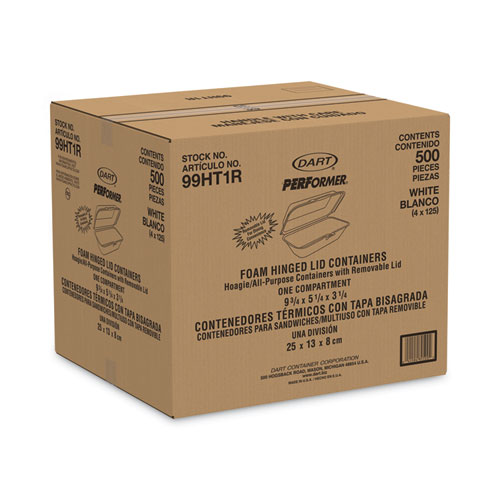 Picture of Foam Hinged Lid Container, Hoagie Container with Removable Lid, 5.3 x 9.8 x 3.3, White, 125/Bag, 4 Bags/Carton