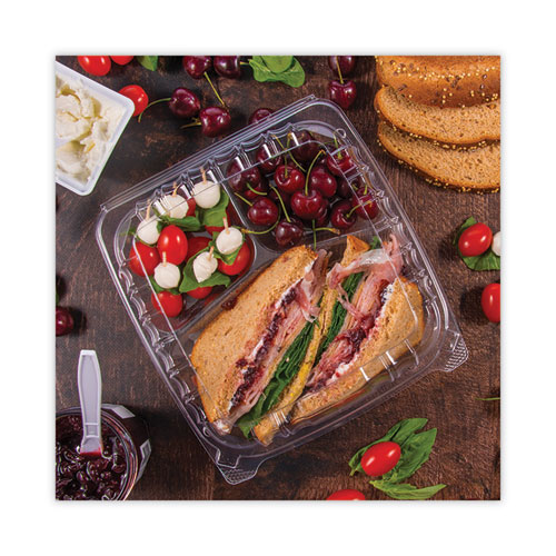 Picture of ClearSeal Hinged-Lid Plastic Containers, 3-Compartment, 9.4 x 8.9 x 3, Plastic, 100/Bag, 2 Bags/Carton