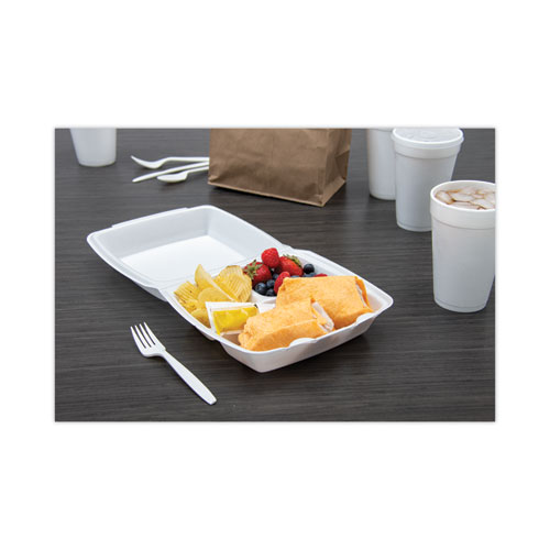 Picture of Foam Hinged Lid Container, 3-Compartment, 8 oz, 9 x 9.4 x 3, White, 200/Carton