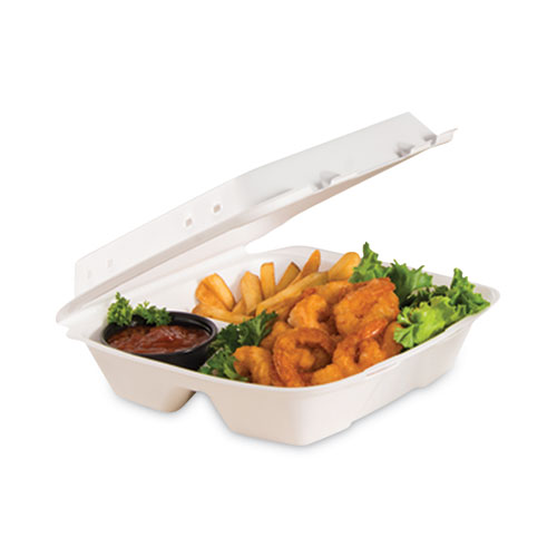 Picture of Foam Hinged Lid Container, Vented Lid, 9 x 9.4 x 3, White, 100/Pack, 2 Packs/Carton