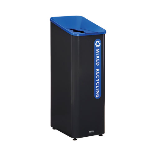 Picture of Sustain Decorative Refuse with Recycling Lid, 15 gal, Metal/Plastic, Black/Blue