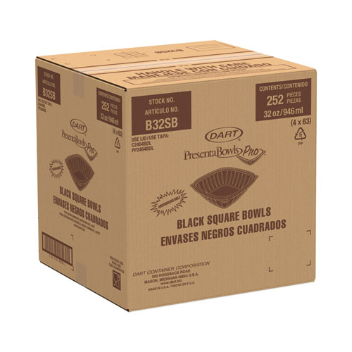 Picture of PresentaBowls Pro Black Square Bowls, 32 oz, 8.5 x 8.5 x 2, Plastic, 63/Bag, 4 Bags/Carton