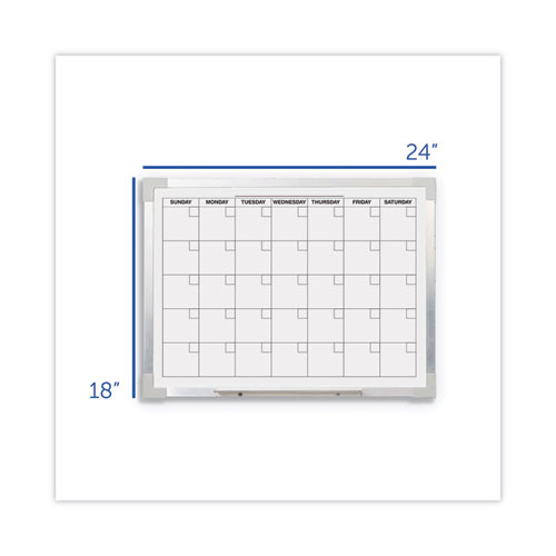 Picture of Framed Calendar Dry Erase Board, Monthly Planning/Scheduling, 24" x 18", White Surface, Satin Aluminum Frame