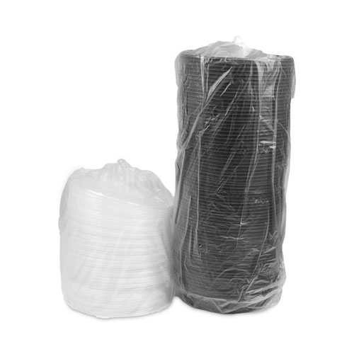 Picture of EarthChoice MealMaster Container with Lid, 48 oz, 10.13" Diameter x 2.13"h, 1-Compartment, Black/Clear, Plastic, 150/Carton