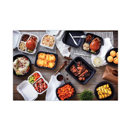 Picture of EarthChoice MealMaster Container with Lid, 48 oz, 10.13" Diameter x 2.13"h, 1-Compartment, Black/Clear, Plastic, 150/Carton