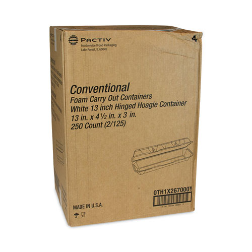 Picture of Foam Hinged Lid Containers, Dual Tab Lock Hoagie, 13 x 4 x 4, White, 250/Carton