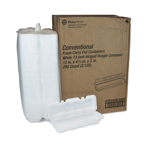 Picture of Foam Hinged Lid Containers, Dual Tab Lock Hoagie, 13 x 4 x 4, White, 250/Carton