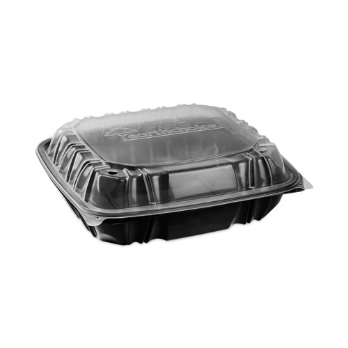 Picture of EarthChoice Vented Dual Color Microwavable Hinged Lid Container, 3-Compartment 34oz, 10.5x9.5x3, Black/Clear, Plastic, 132/CT