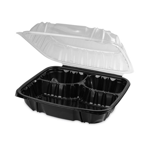 Picture of EarthChoice Vented Dual Color Microwavable Hinged Lid Container, 3-Compartment 34oz, 10.5x9.5x3, Black/Clear, Plastic, 132/CT